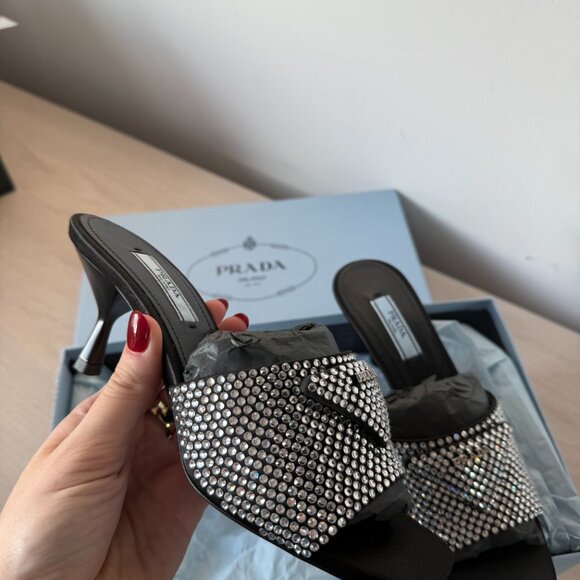Prada Logo Slide Sandals Satin Crystal Embellished Kitten Heels Black - Picture 5 of 8